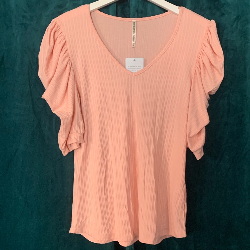 NEW Ballet Pink V-Neck Ruffle Puff Sleeve Ribbed Top Forgotten Grace